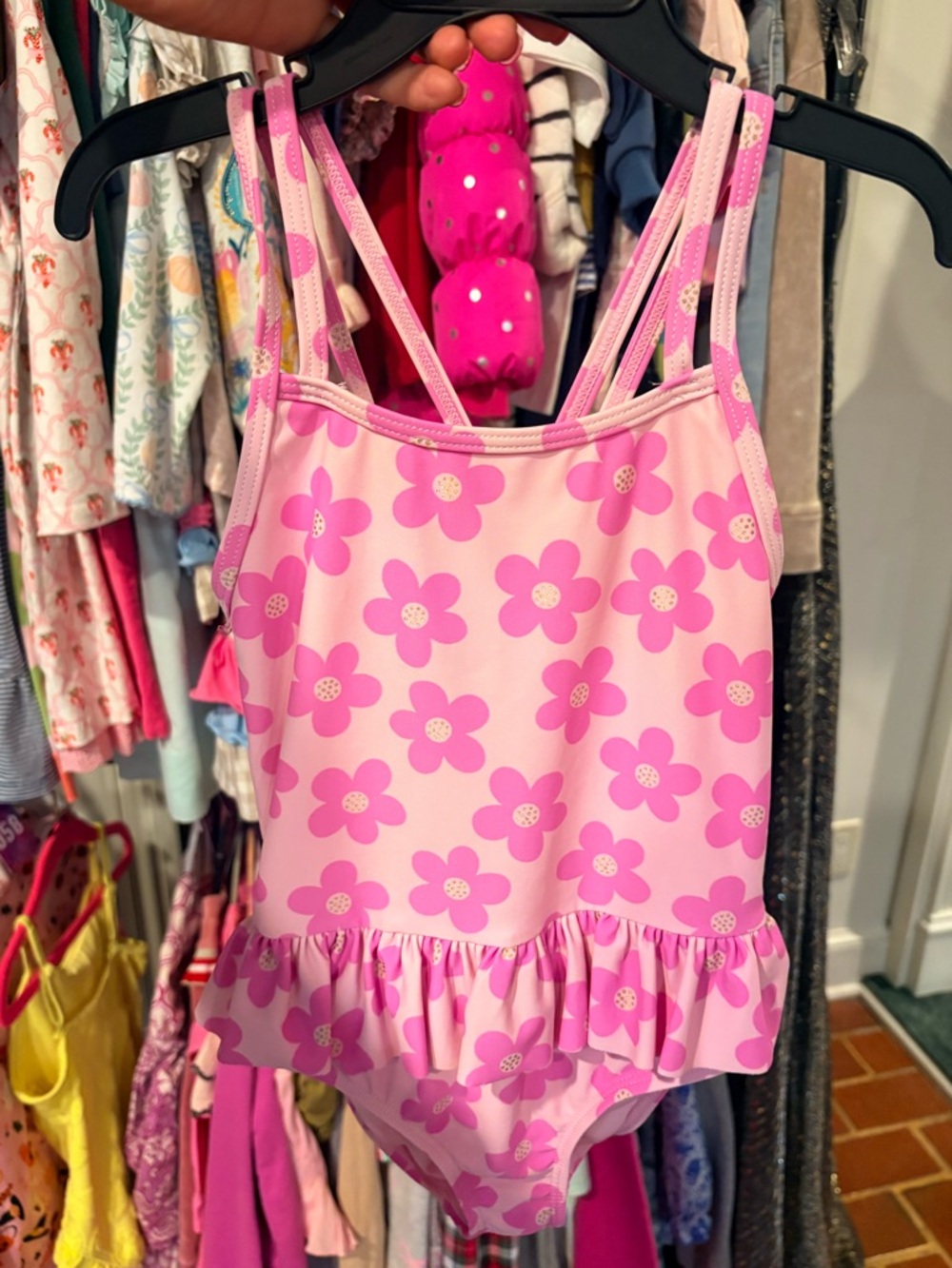 Girls' Pink Floral Ruffle One-Piece Swimsuit